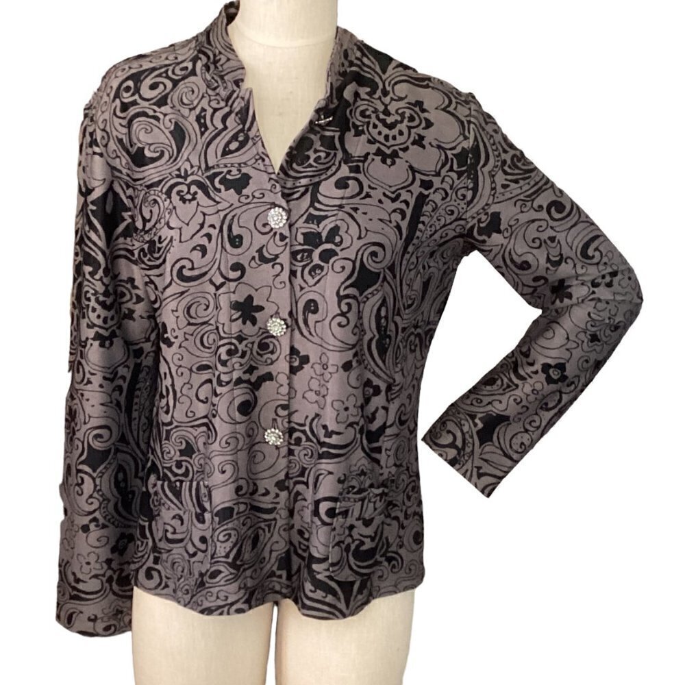 Chico's‎ Travelers Jacket Rhinestone-Button Floral Gray & Black Sz 2 (L/12) #74D
